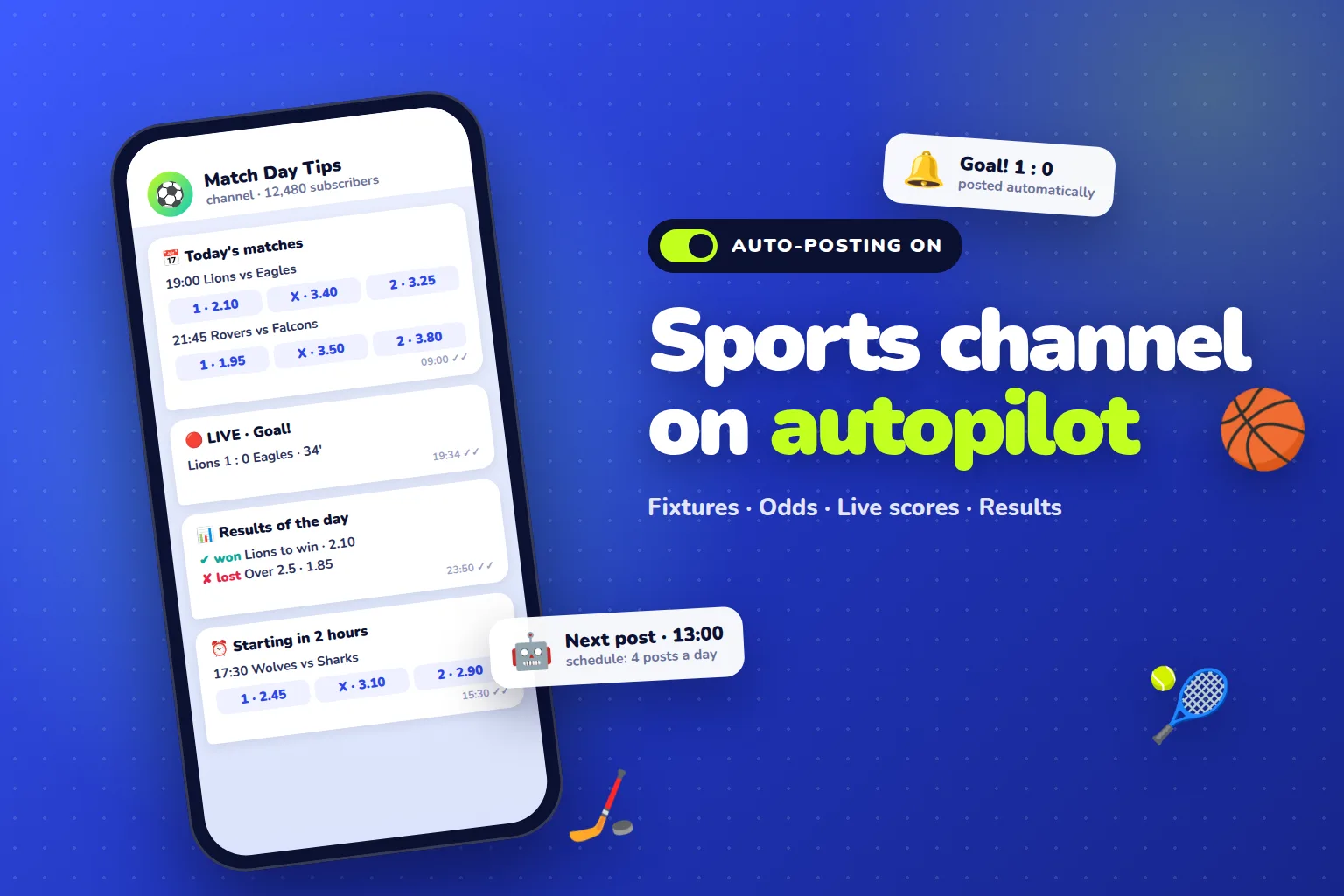 Smartphone with a sports Telegram channel that posts fixtures, odds, and results on its own