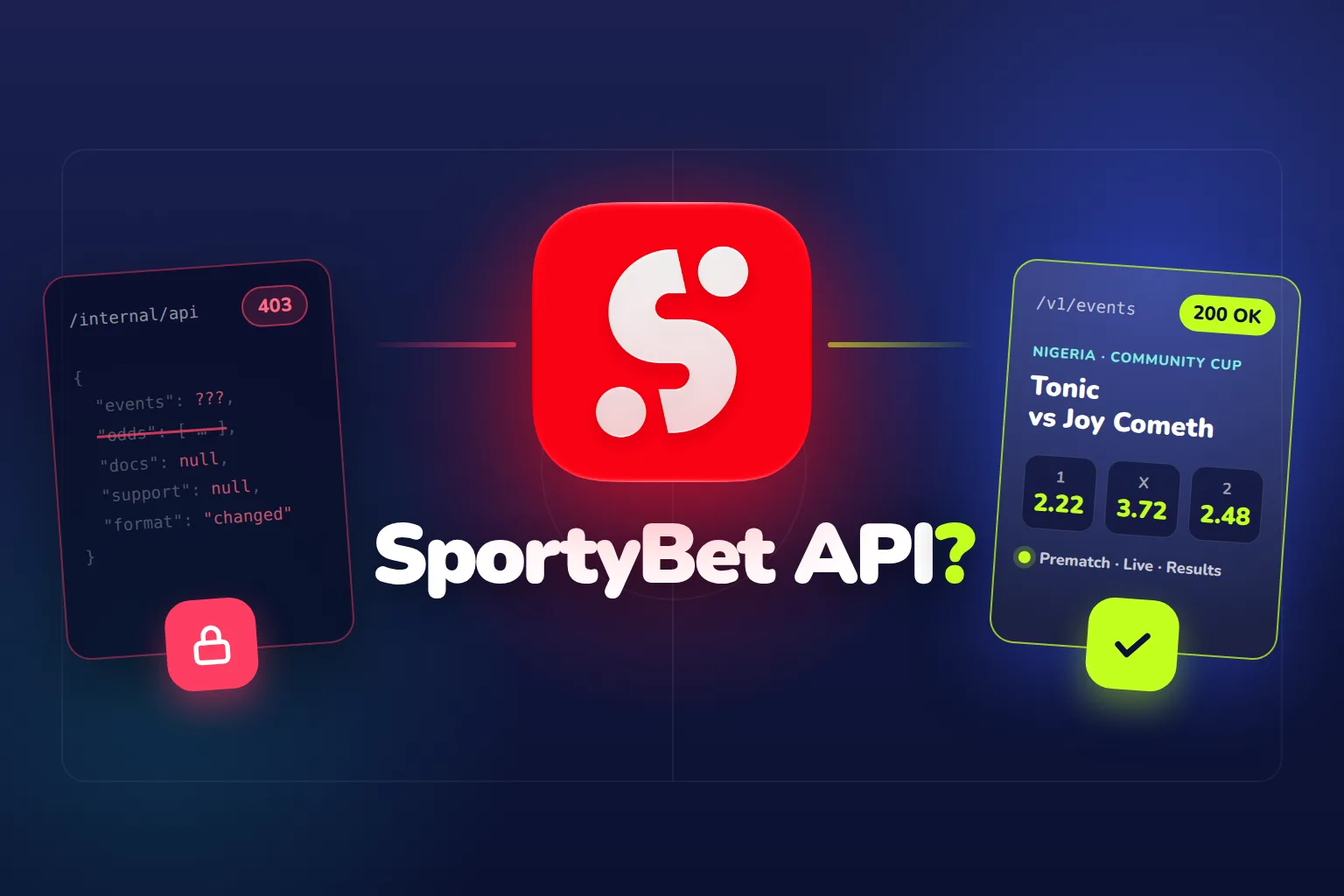 SportyBet logo with an API question: a closed internal bookmaker API next to an open sports data feed