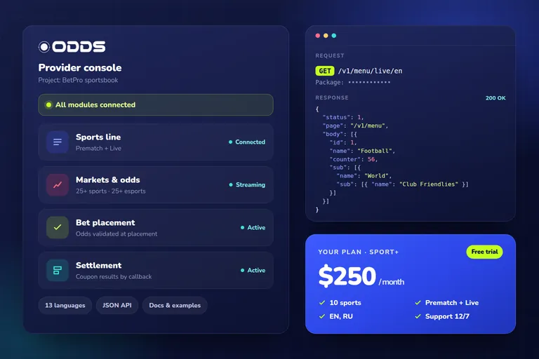 Sports betting API provider console with connected modules, API request and plan