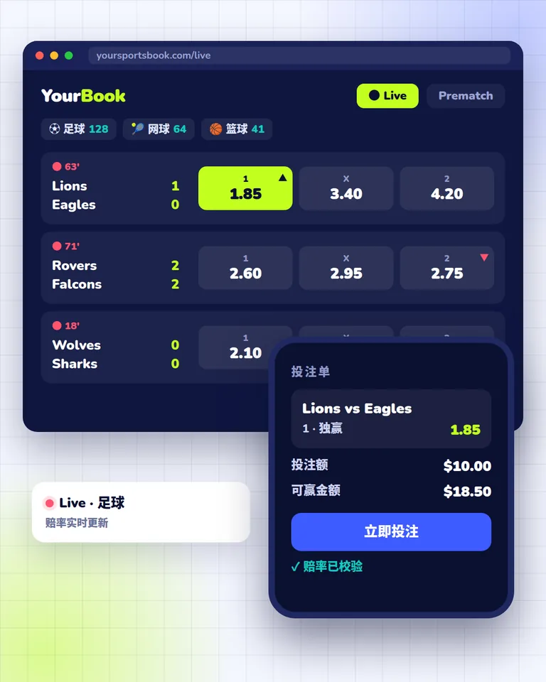 基于 SportAPI 数据构建的体育博彩网站和移动应用，显示 Live 比赛、赔率和投注单