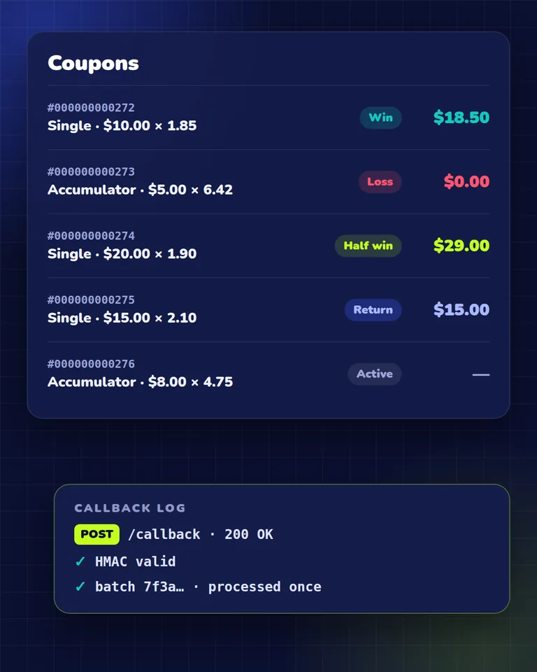 Settled coupons with win, loss, half win and return statuses and a verified settlement callback log