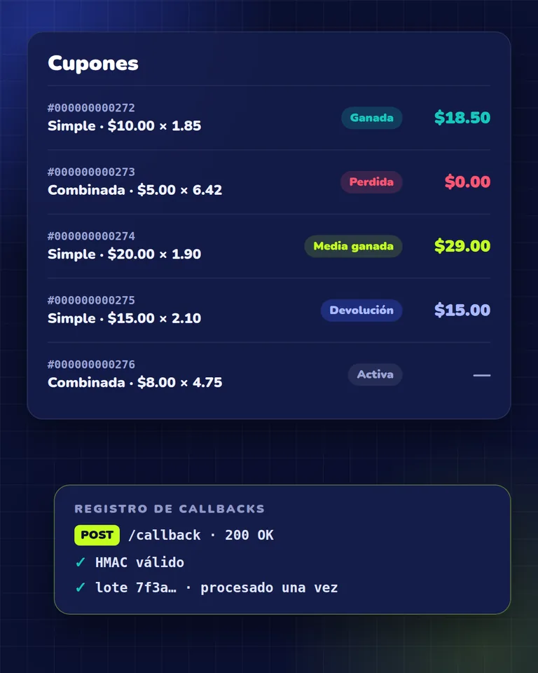 Cupones liquidados con estados ganada, perdida, media ganada y devolución y un registro de callbacks verificados