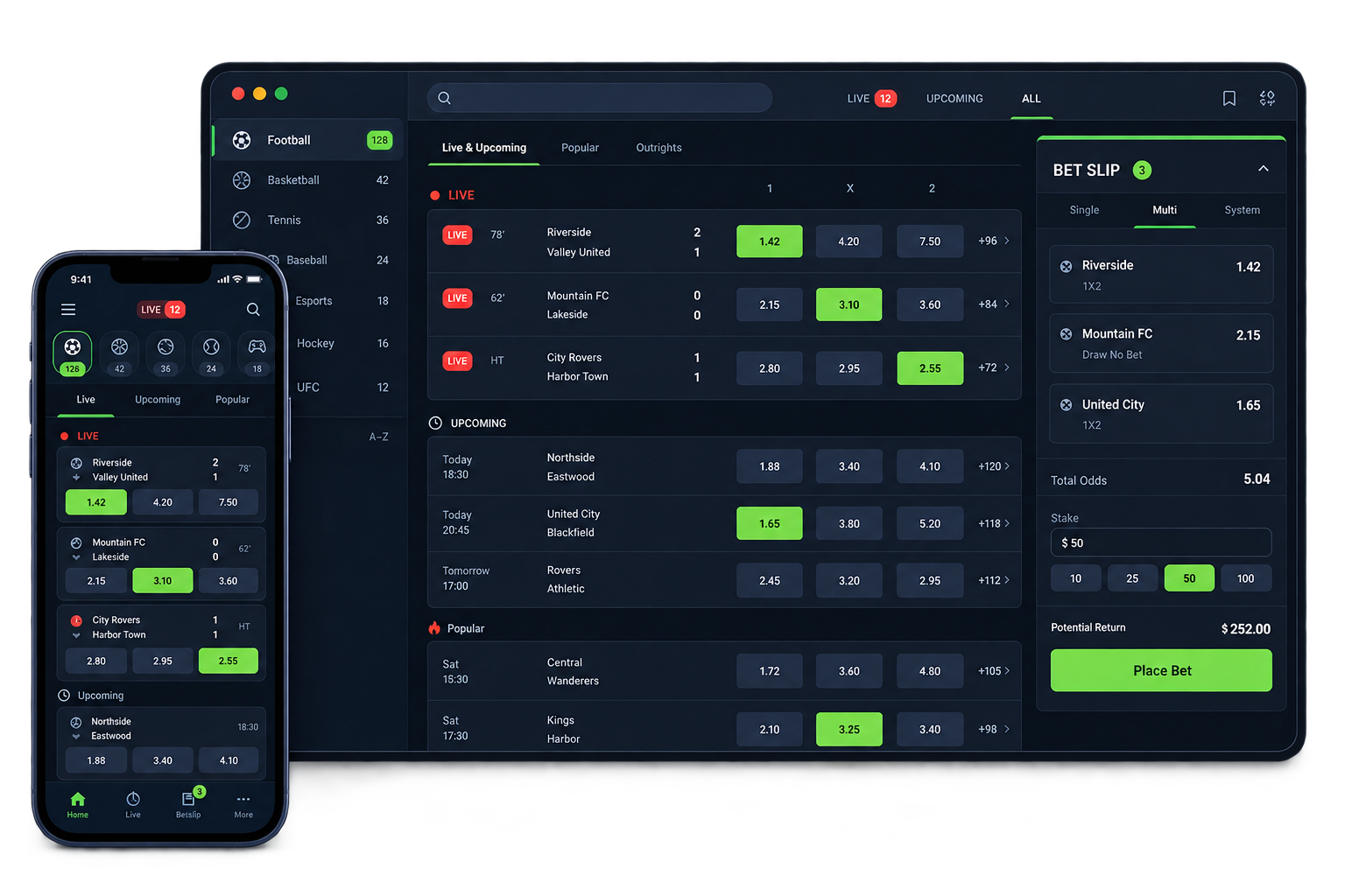 Ready-made sportsbook widget with events, odds and bet slip
