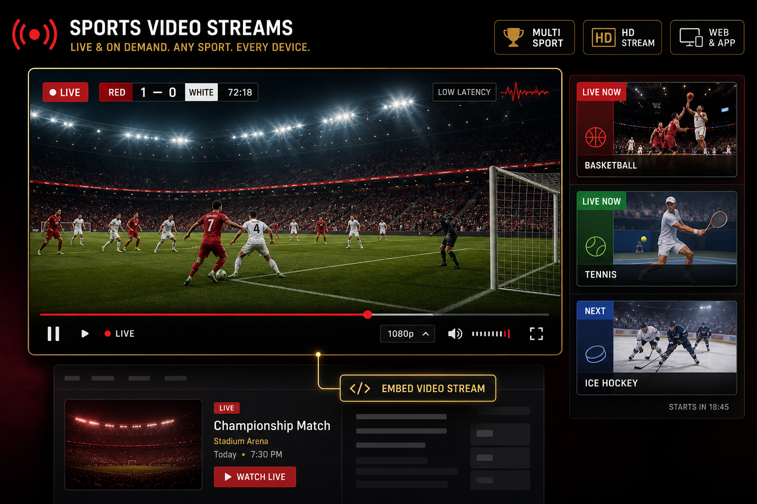 دفق الفيديو الرياضي Live مضمن في واجهة موقع الويب