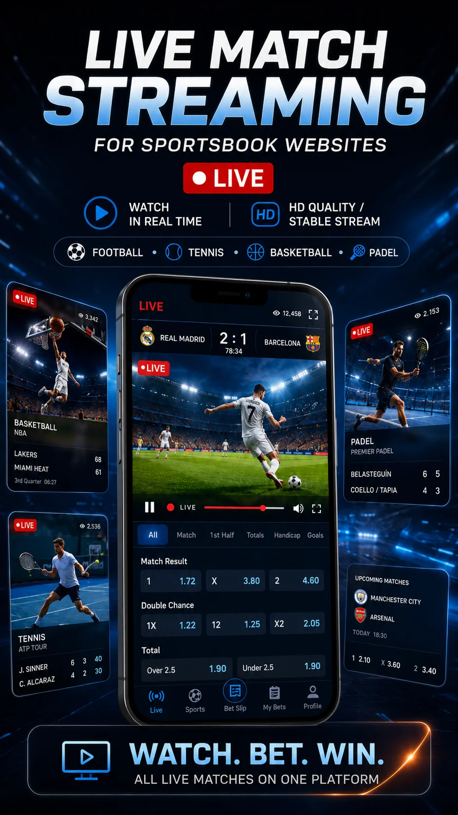 Match video streams for betting websites and sports portals
