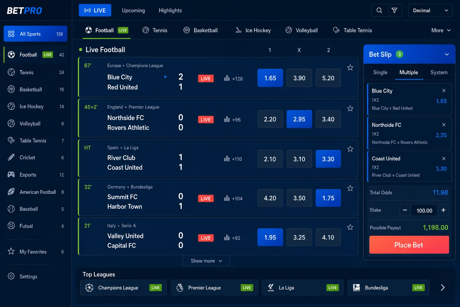 Sportsbook interface showing live events, betting markets and odds