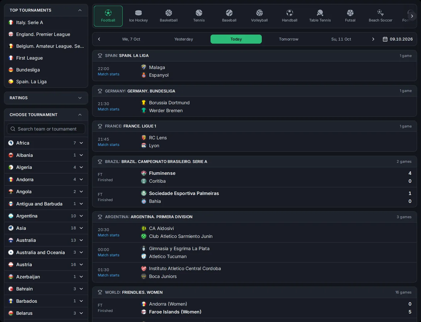Sports statistics widget: today's football matches in the dark theme