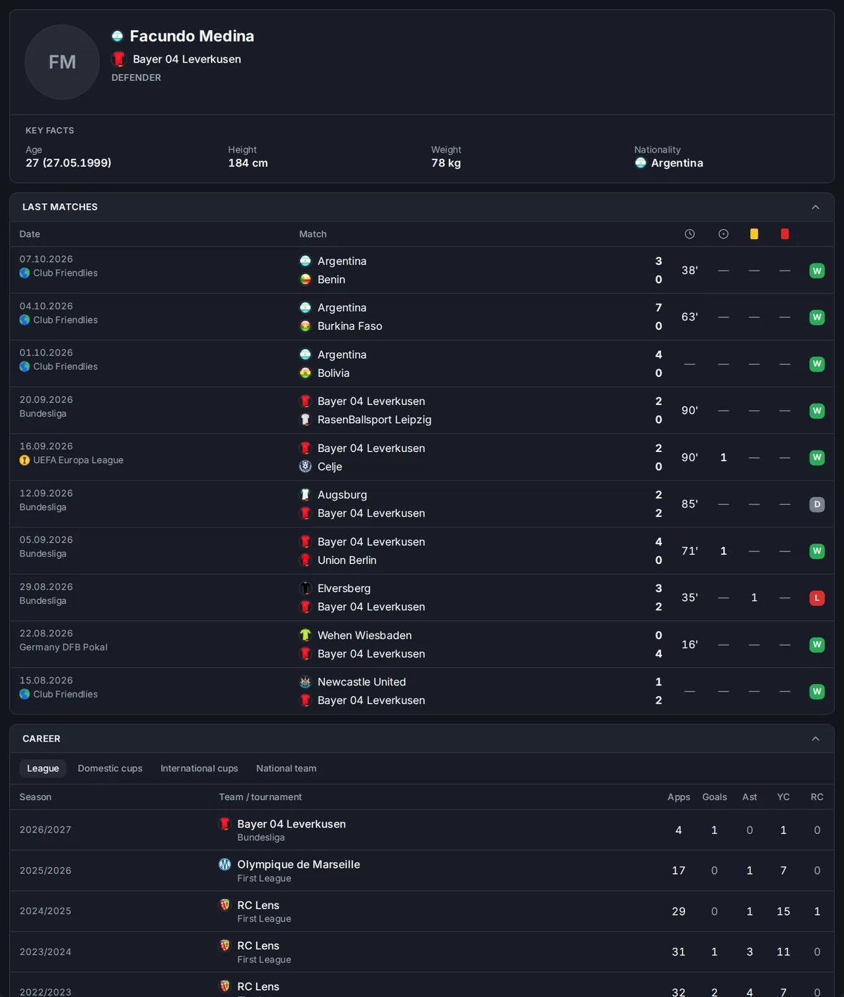 Player profile — dark theme